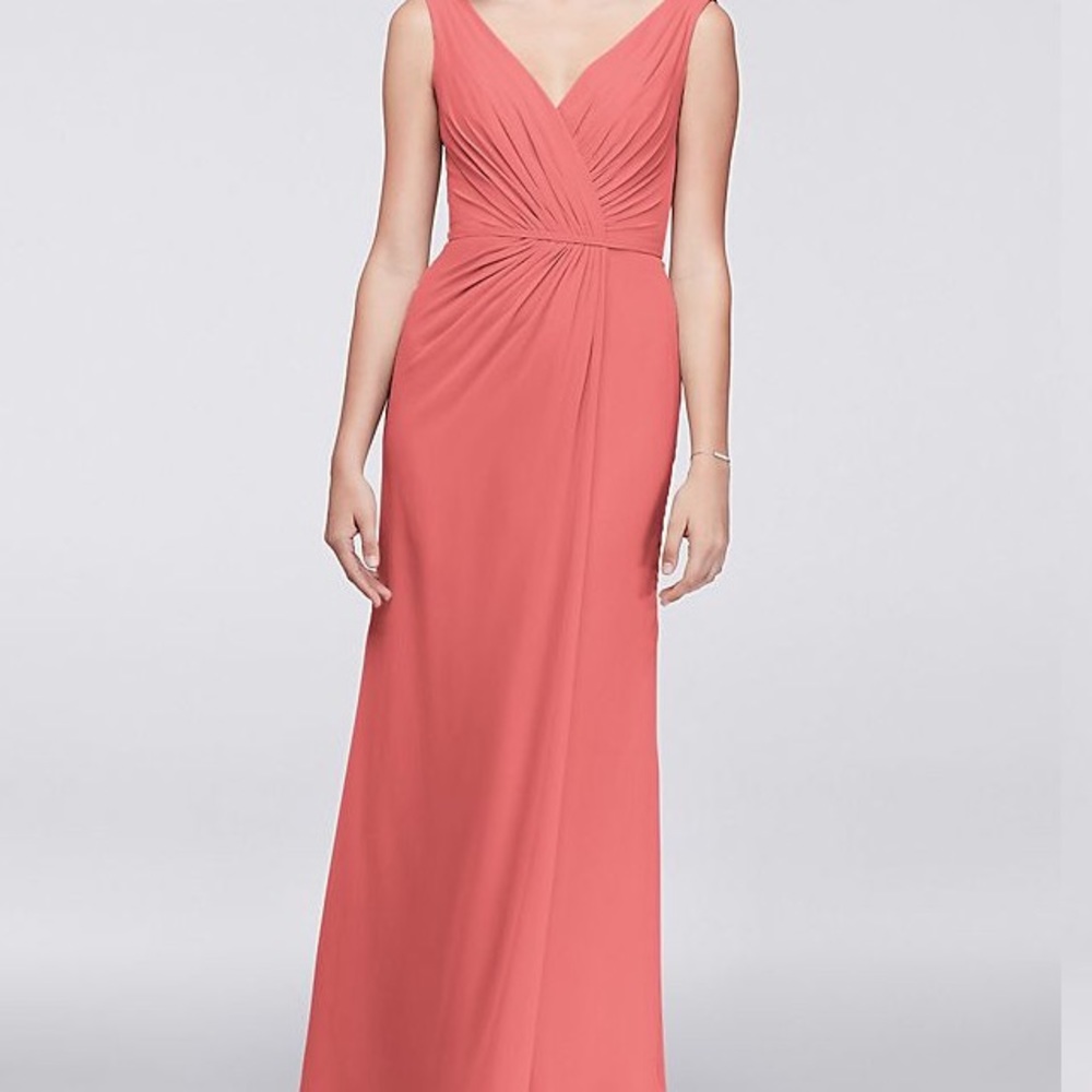 •Faux-wrap•coral•chiffon•bridesmaid•dress•